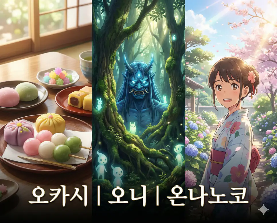 오카시 뜻, 오니 뜻, 온나노코 뜻이 담긴 달콤한 일상과 전설의 신비함, 그리고 소녀의 순수함을 테마로 구성한 고퀄리티 애니메이션 스타일 통합 가이드 이미지입니다.