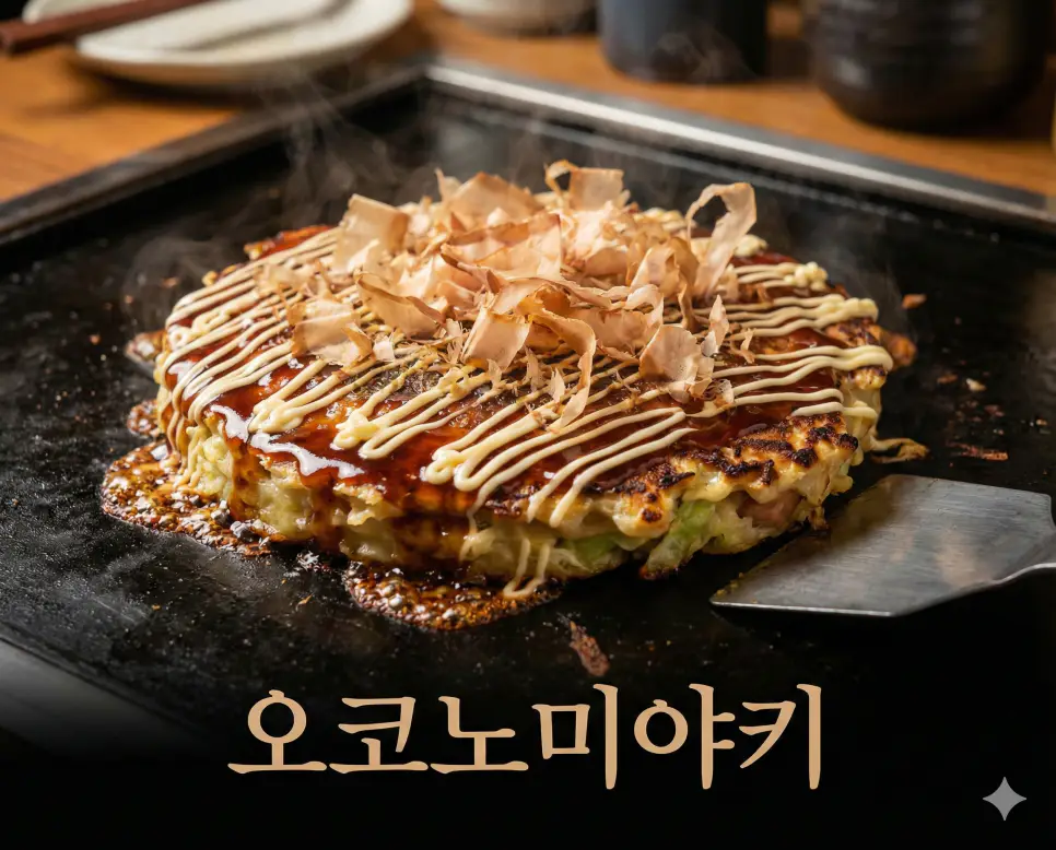철판 위에서 갓 구워낸 일본식 지짐이 오코노미야키 뜻 특징을 생생하게 보여주는 미식 실사 이미지입니다.