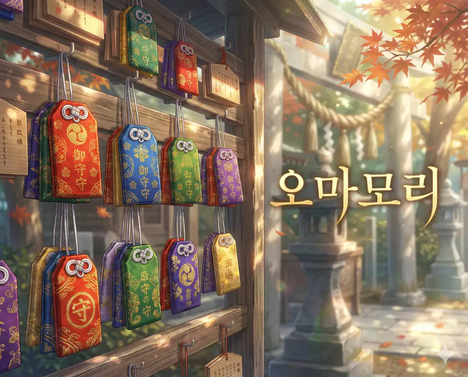 일본의 행운 부적을 뜻하는 오마모리 뜻과 신사 배경의 정교한 부적 애니메이션 이미지