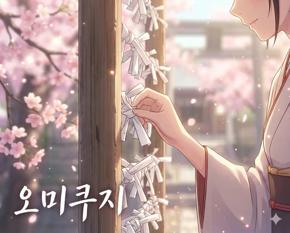 운세 점괘를 뜻하는 오미쿠지 뜻과 신사에 묶여 있는 점괘 종이 애니메이션 이미지