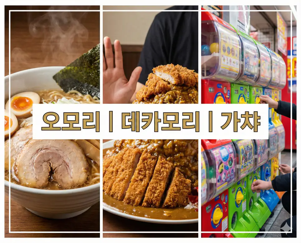 오모리 뜻, 데카모리 뜻, 가챠 뜻 일본의 독특한 미식과 유행 키워드를 한눈에 정리한 통합 가이드 이미지입니다.