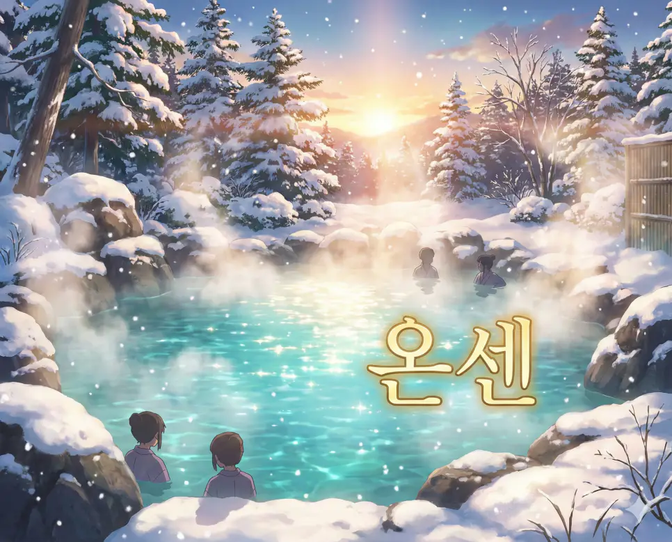 따뜻한 온천을 뜻하는 온센 뜻과 일본 애니메이션 감성의 노천탕 풍경