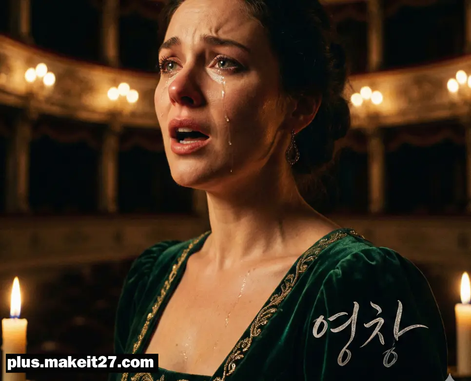 촛불 켜진 극장에서 감정을 담아 노래하는 성악가와 부드러운 흘림체로 표현된 한글 영창 텍스트