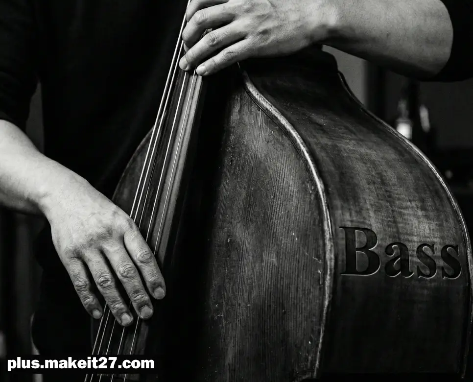 더블베이스를 연주하는 예술가의 손과 악기에 고급스럽게 새겨진 영문 Bass  디자인