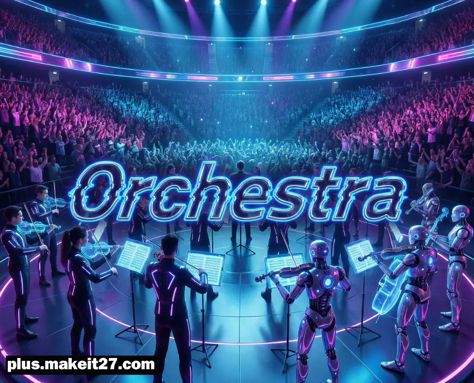 미래 지향적인 분위기에서 홀로그램 악기를 연주하는 사이버펑크 스타일의 Orchestra 영문 로고 이미지