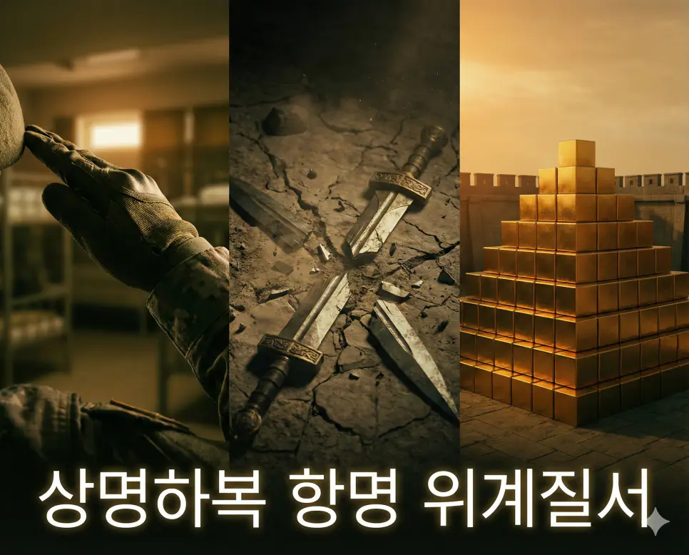 상명하복, 항명, 위계질서라는 조직 운영의 핵심 키워드를 통합적으로 보여주는 시각 자료