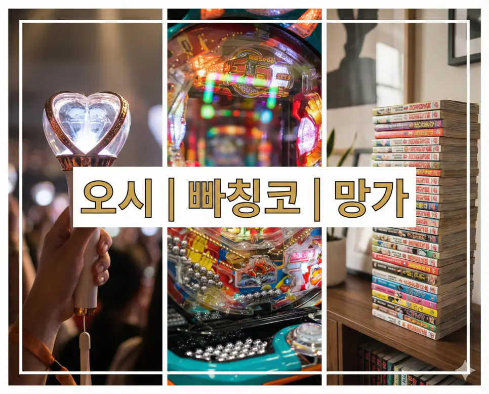 오시 뜻, 빠칭코 뜻, 망가 뜻 일본의 독특한 서브컬처 키워드를 한눈에 확인하기 좋게 정리한 통합 가이드 이미지입니다.
