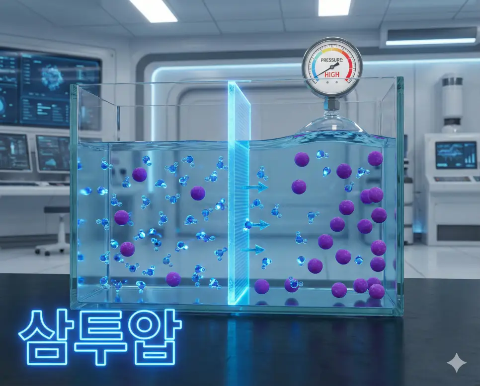 삼투압 뜻인 농도가 다른 두 용액 사이에서 농도를 맞추기 위해 물이 이동할 때 생기는 압력 시각화 이미지