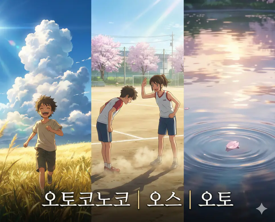 오토코노코 뜻, 오스 뜻, 오토 뜻이 담긴 소년의 활기와 패기 넘치는 인사, 그리고 감각적인 소리의 울림을 테마로 구성한 고퀄리티 애니메이션 스타일 통합 가이드 이미지입니다.