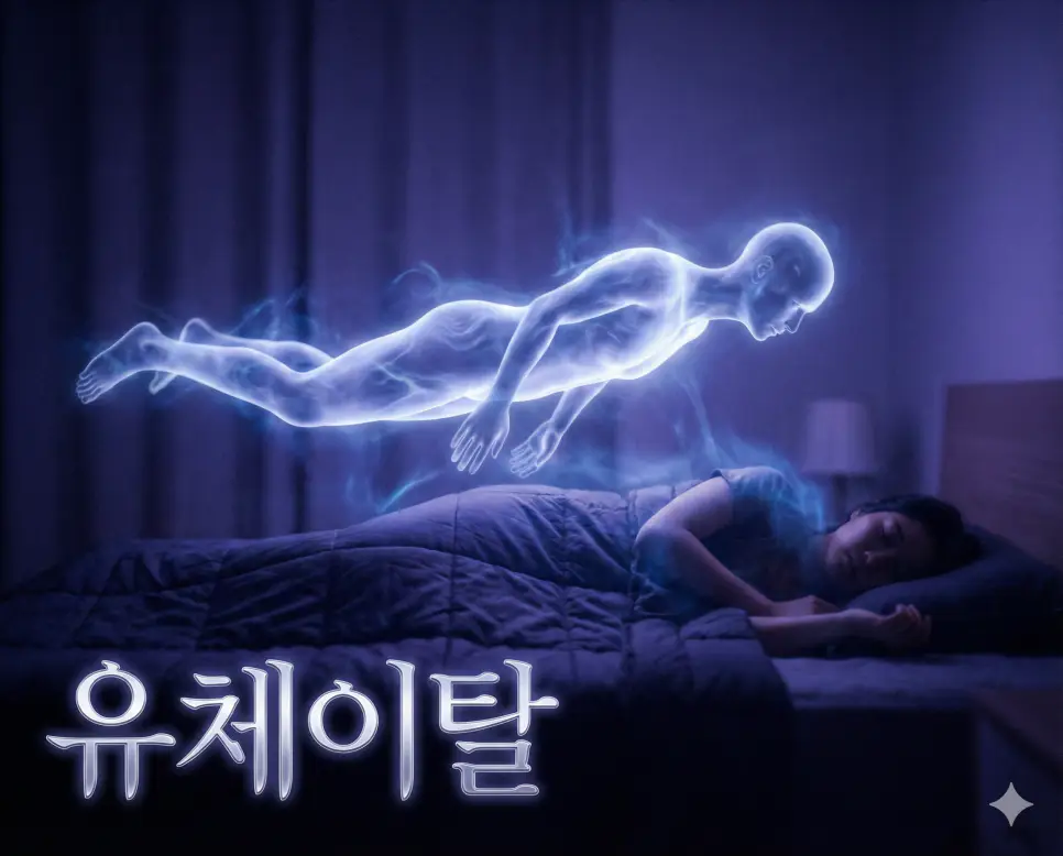 자신의 영혼이 육체 밖으로 빠져나와 스스로의 몸을 관찰하게 되는 유체이탈 현상 이미지