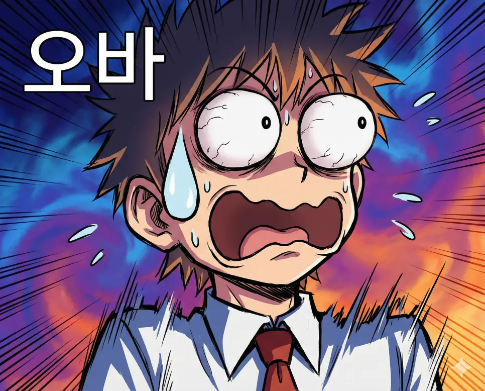 한도를 넘거나 과장한다는 오바 뜻이 담긴 우스꽝스럽고 화려한 캐릭터의 리액션을 담아낸 고퀄리티 애니메이션 작화 이미지입니다.