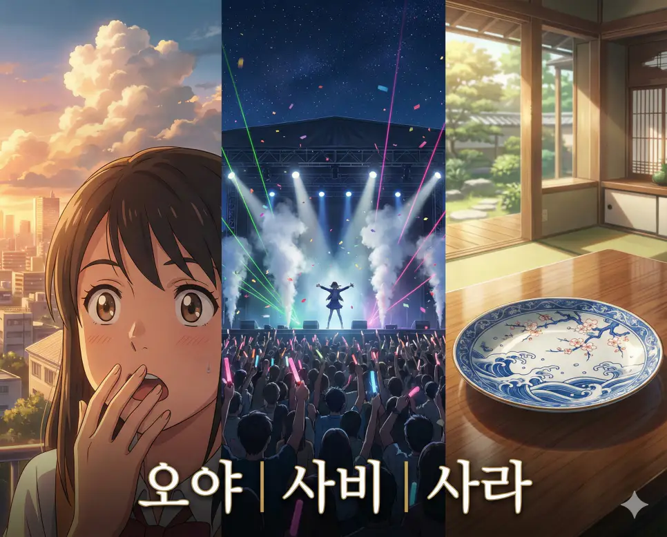 오야 뜻, 사비 뜻, 사라 뜻이 담긴 일상의 놀라움과 음악적 절정, 그리고 깨끗한 생활의 미학을 테마로 구성한 고퀄리티 애니메이션 스타일 통합 가이드 이미지입니다.