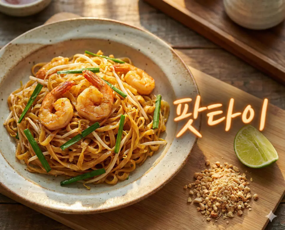 팟타이 뜻을 상징하는 신선한 재료와 타마린드 소스의 윤기가 흐르는 태국 정통 볶음 쌀국수 이미지