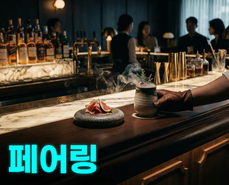 페어링 뜻을 상징하는 음식의 풍미를 극대화하기 위해 최적의 음료를 매칭하는 전문가의 감각적인 모습