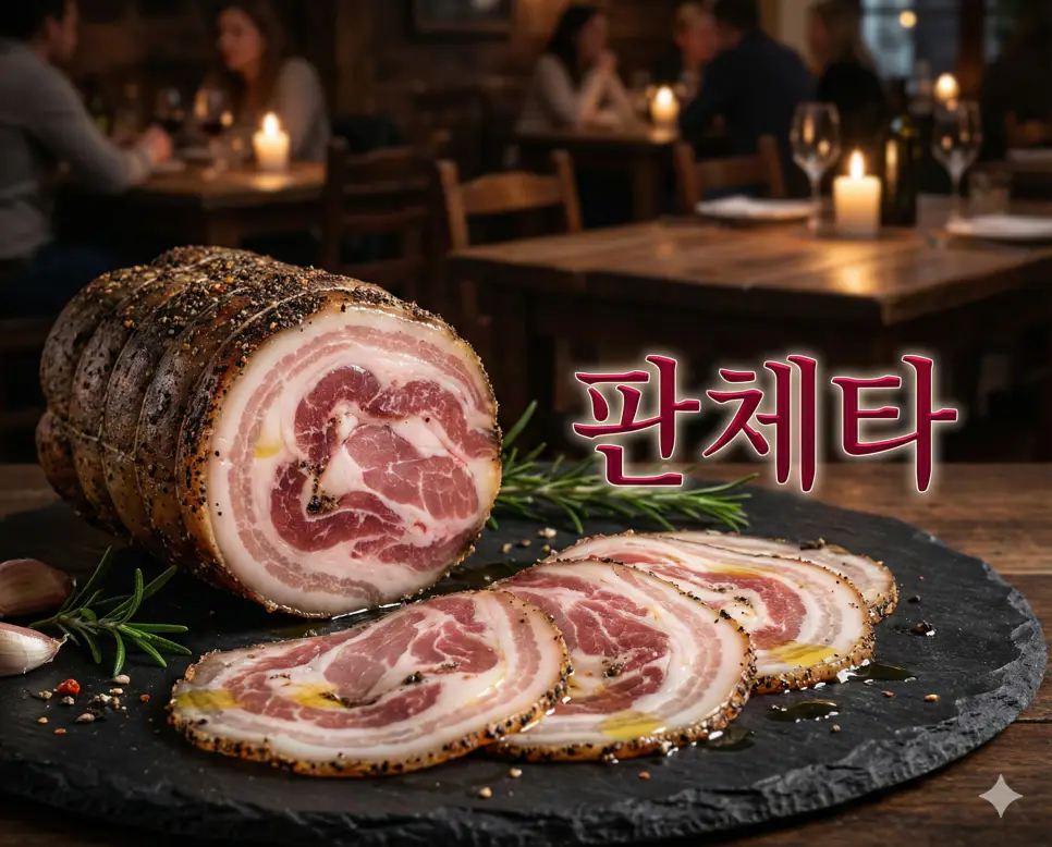 판체타 뜻을 상징하는 염장된 삼겹살 생햄의 진한 지방층과 감칠맛이 느껴지는 고품격 이미지