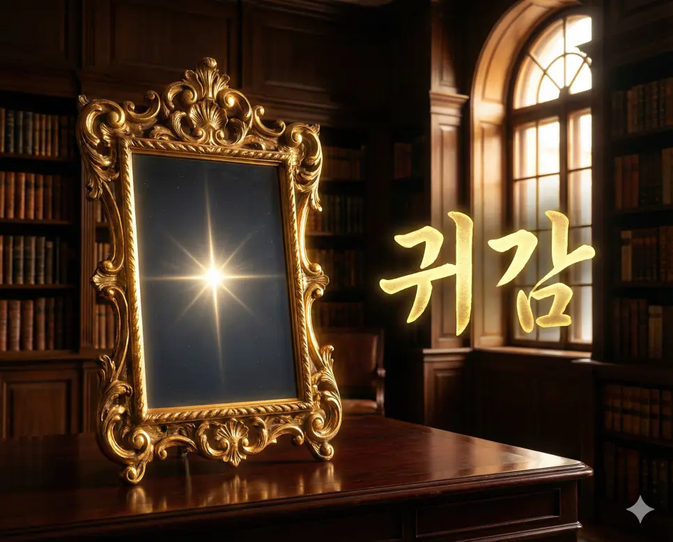 거울처럼 자신을 비추어 보며 본받을 만한 훌륭한 본보기인 귀감의 가치를 묘사한 이미지