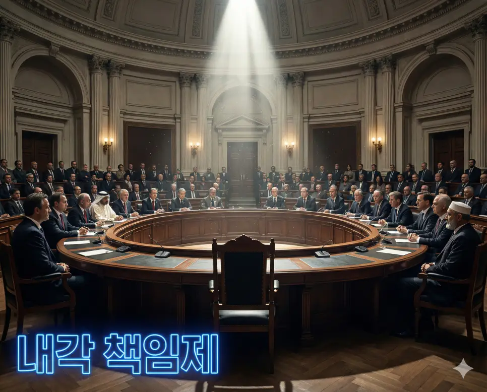 내각 책임제 뜻인 국회의 다수당이 내각을 구성하고 국회에 대하여 정치적 책임을 지는 정부 형태를 상징적으로 표현한 이미지