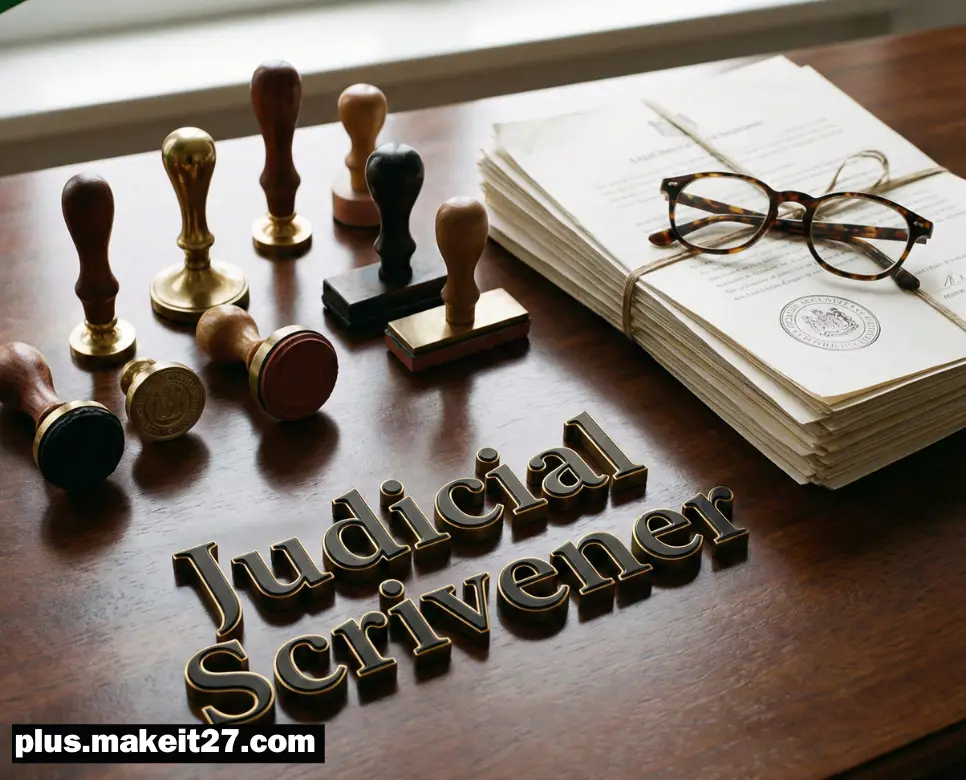 법적 절차를 정확하게 대행하여 시민의 편의를 돕는 법무사의 작업 공간과 고급스러운 영문 로고