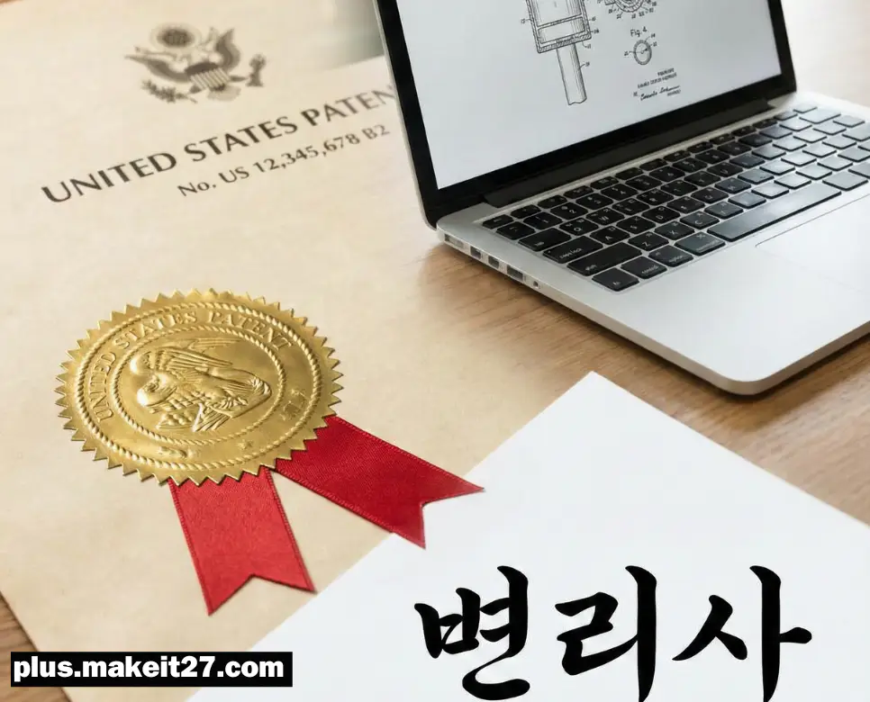지식 재산권의 권위를 상징하는 특허 증서와 품격 있는 한글 붓글씨 디자인의 조화