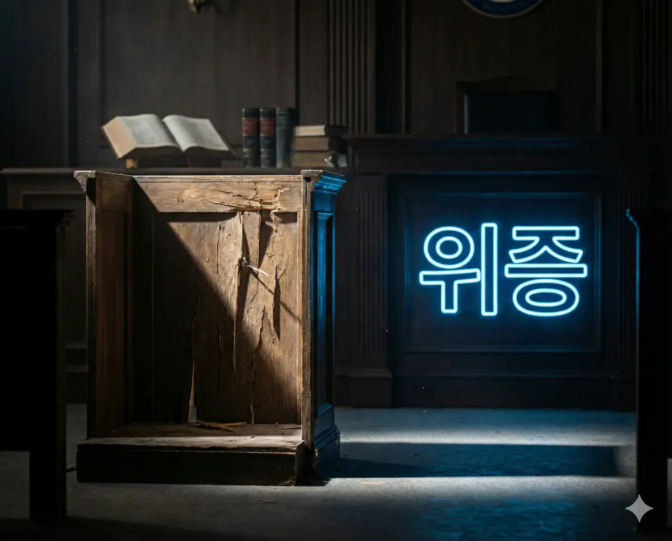 법정에서 선서를 한 증인이 자기의 기억에 반하는 거짓 사실을 진술하는 죄인 위증 이미지