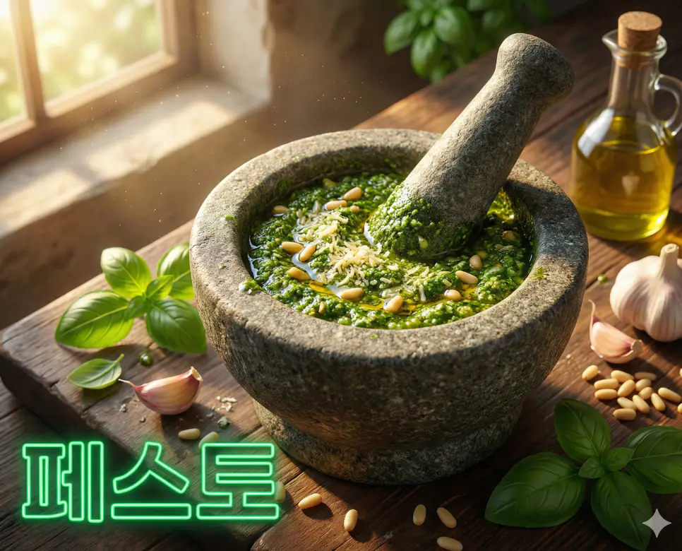 페스토 뜻이 담긴 바질의 싱그러운 초록빛과 신선한 재료들이 조화로운 이탈리아 전통 소스 실사 이미지
