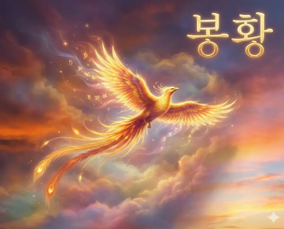 봉황 뜻의 상징인 구름 속을 비상하는 신비롭고 고귀한 존재의 위엄 있는 모습
