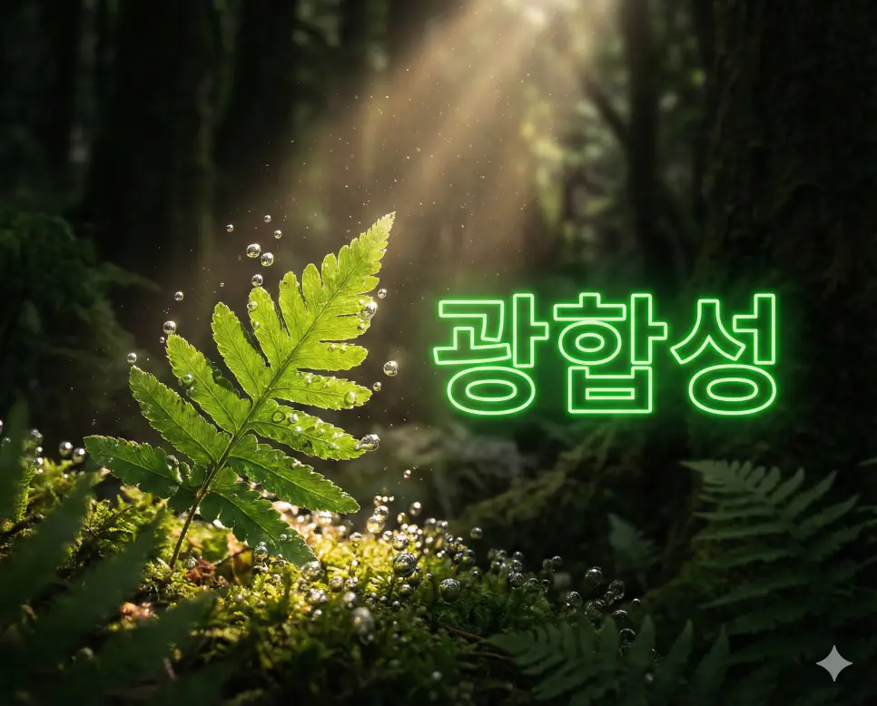 식물이 빛 에너지를 이용하여 이산화탄소와 물로부터 유기물을 합성하는 광합성 과정 이미지