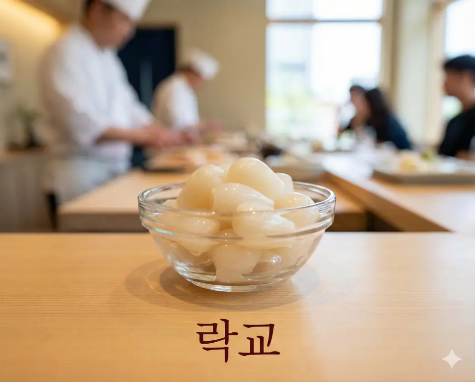 초밥과 찰떡궁합인 새콤달콤한 염교 절임 락교 뜻 특징을 시각적으로 전달하는 고화질 실사 사진입니다.