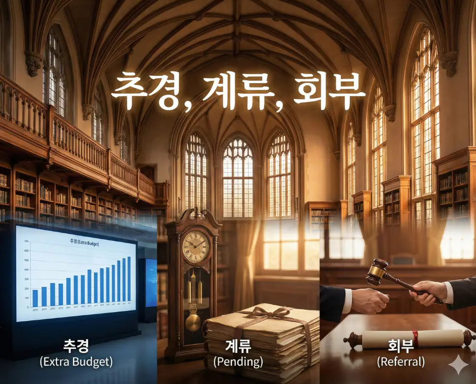 추경, 계류, 회부 뜻을 한데 모아 국가 예산과 법안 처리의 복잡한 과정을 표현한 종합 이미지