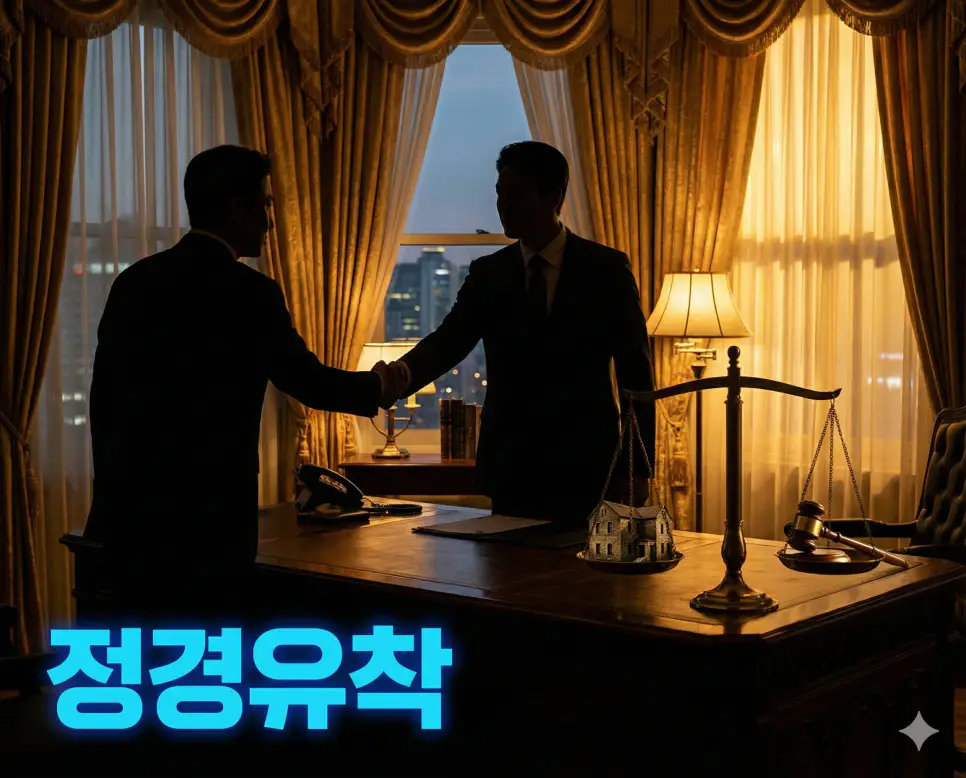 정경유착 뜻을 상징하는 정치인과 기업인 사이의 부적절한 밀착 관계를 형상화한 이미지