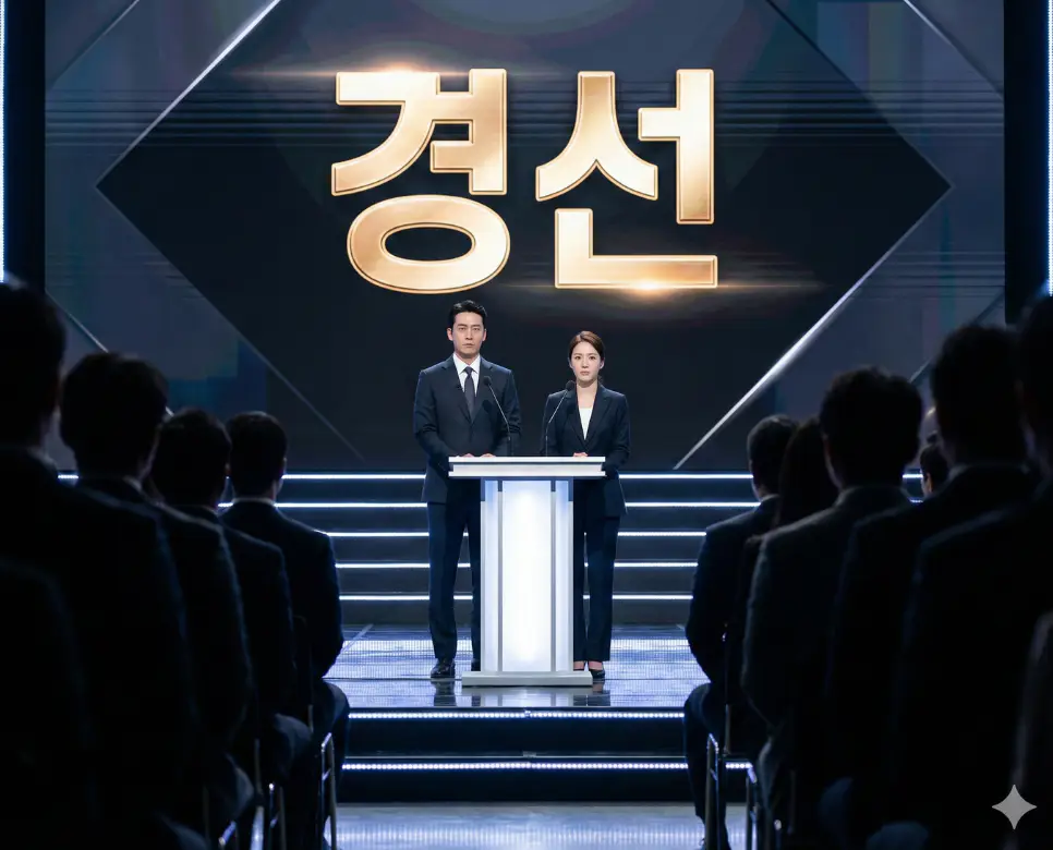 경선 뜻이 담긴 공정한 경쟁을 통해 최고의 후보를 선출하는 역동적인 무대 장면
