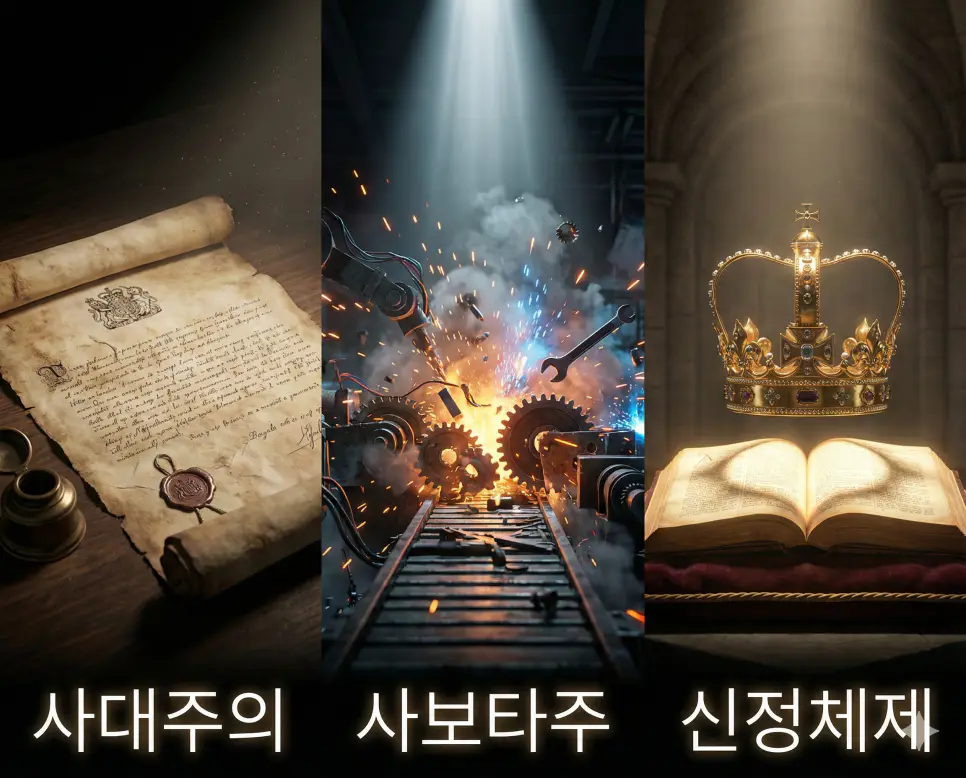 사대주의, 사보타주, 신정체제라는 세 가지 정치·사회적 개념을 한눈에 보여주는 통합 이미지