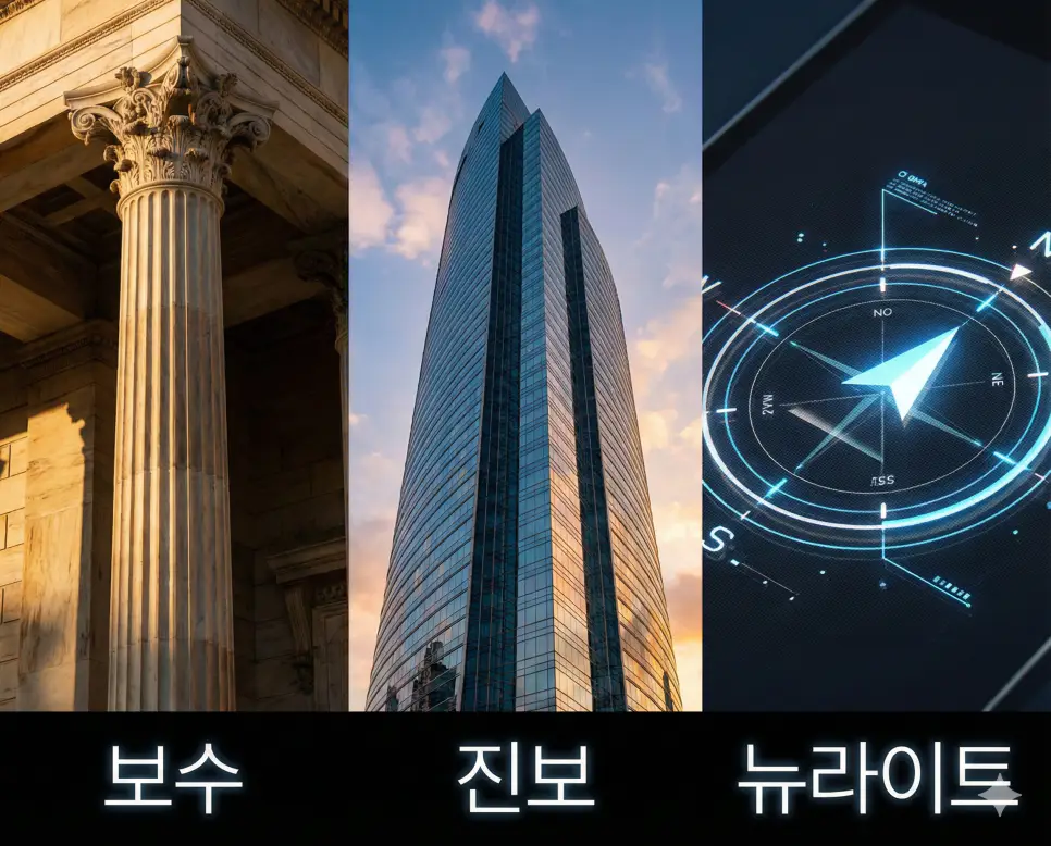 보수, 진보, 뉴라이트라는 우리 사회의 주요 정치적 이념을 통합적으로 보여주는 시각 자료