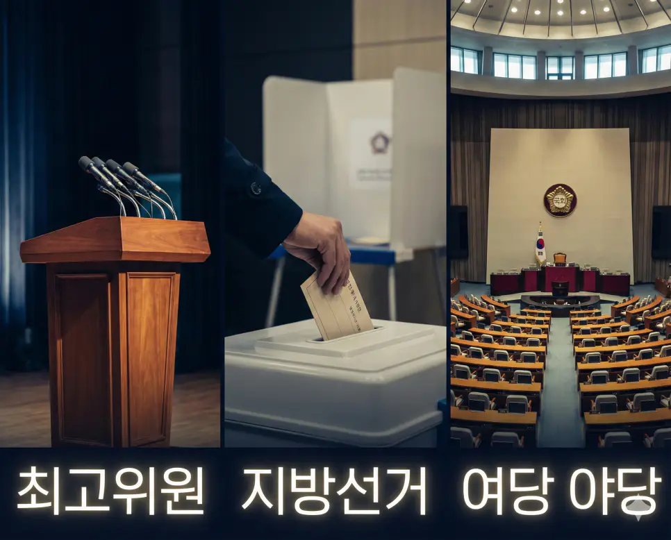 정당 지도부, 지방 자치 선거, 그리고 여야의 대립과 협력을 통합적으로 보여주는 정치 시스템 이미지