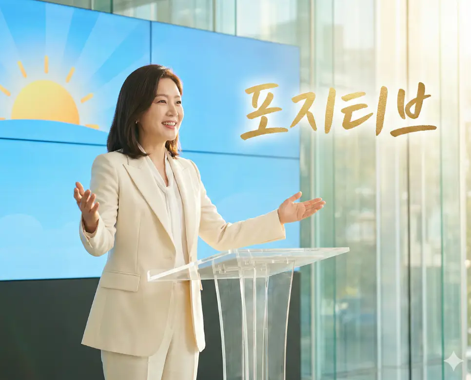 포지티브 뜻이 담긴 비전과 희망을 제시하며 대중의 지지를 이끌어내는 리더의 긍정적인 에너지