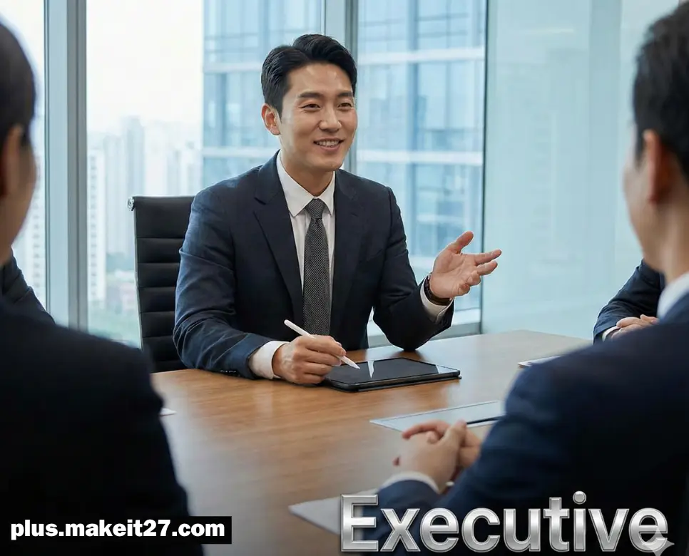 기업의 전략을 주도하는 전무의 리더십 있는 모습과 감각적인 로고