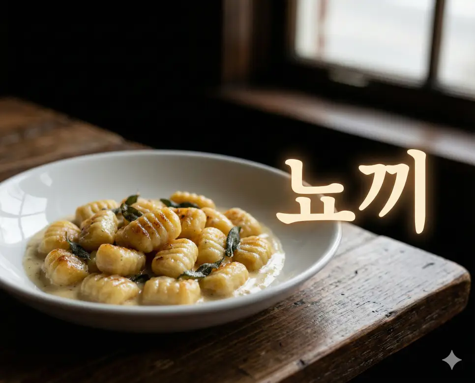 뇨끼 뜻을 상징하는 부드러운 감자 반죽과 크림 소스가 어우러진 이탈리아 전통 덤플링 요리 이미지