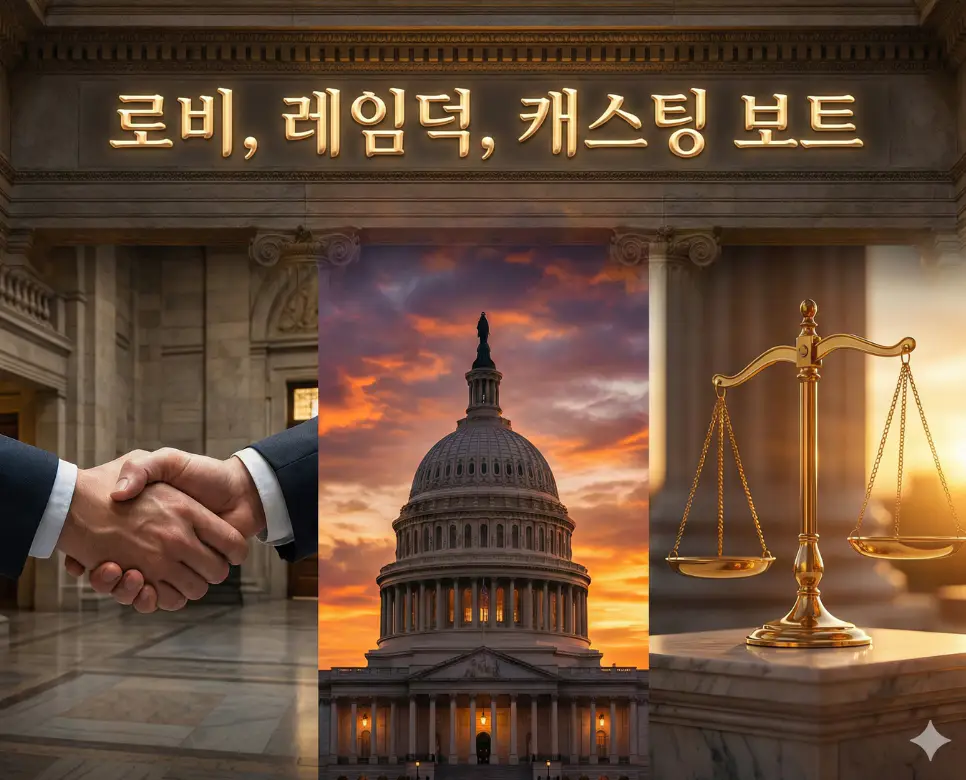 로비, 레임덕, 캐스팅 보트 뜻을 한데 모아 권력의 생성과 소멸, 결정의 순간을 표현한 종합 이미지