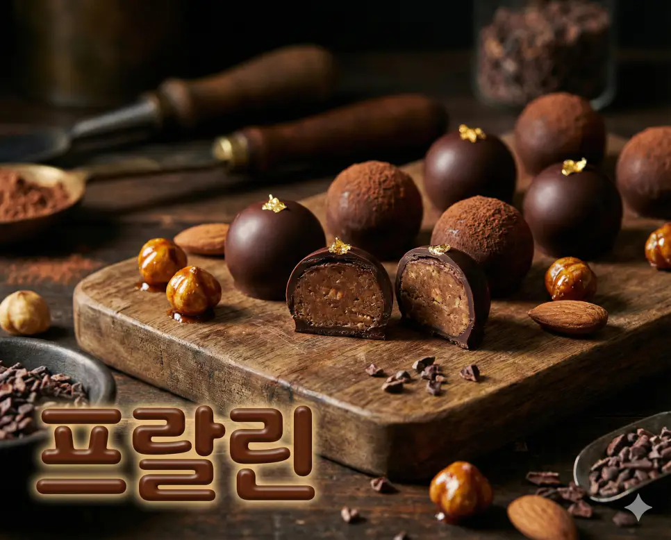 프랄린 뜻이 담긴 견과류의 고소함과 달콤한 초콜릿 속을 가득 채운 고급 디저트의 실사 사진