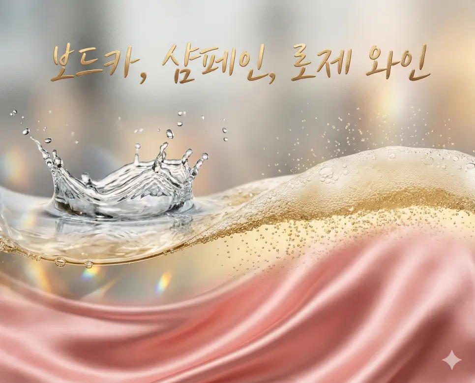 보드카의 순수함, 샴페인의 화려함, 로제 와인의 우아함을 한 장의 예술적인 프레임에 담아낸 주류 미식 종합 이미지