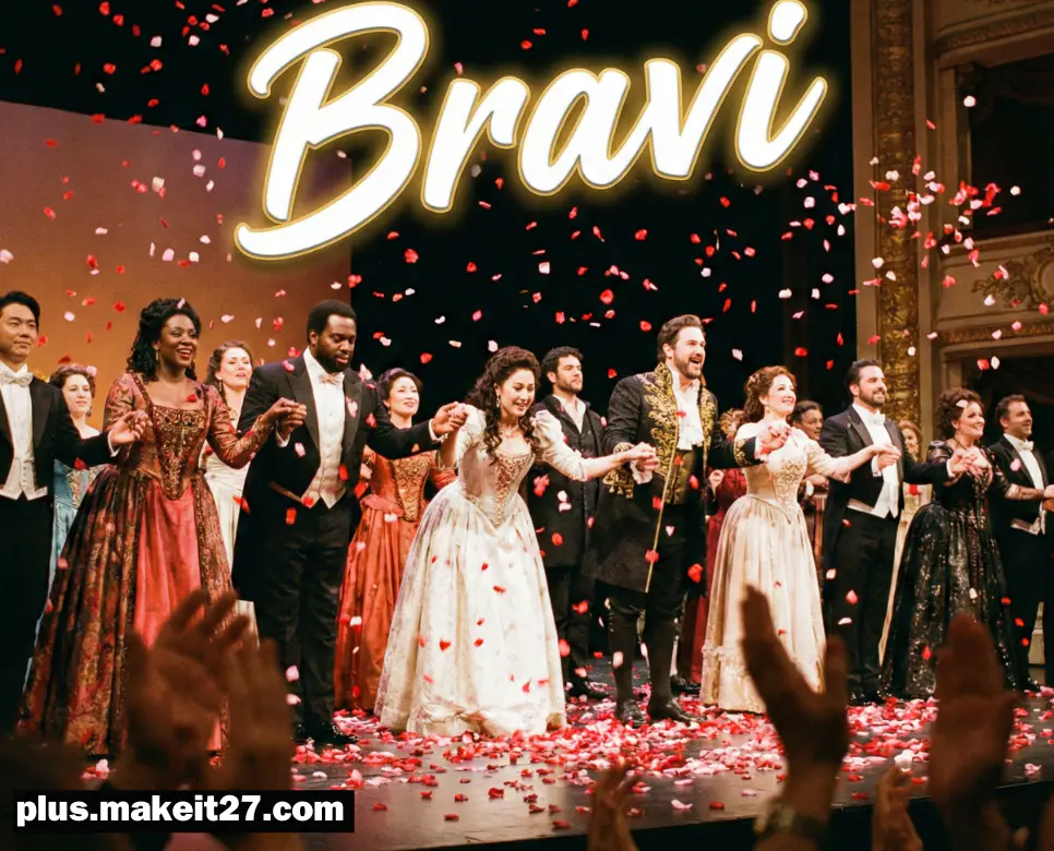 관객의 뜨거운 박수 속에 인사를 나누는 출연진과 열정적인 찬사를 담은 브라비 영문 텍스트