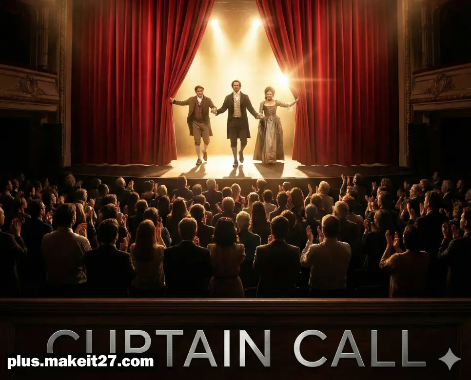 공연 종료 후 관객의 기립박수를 받으며 등장하는 커튼콜 현장과 세련된 영문 디자인