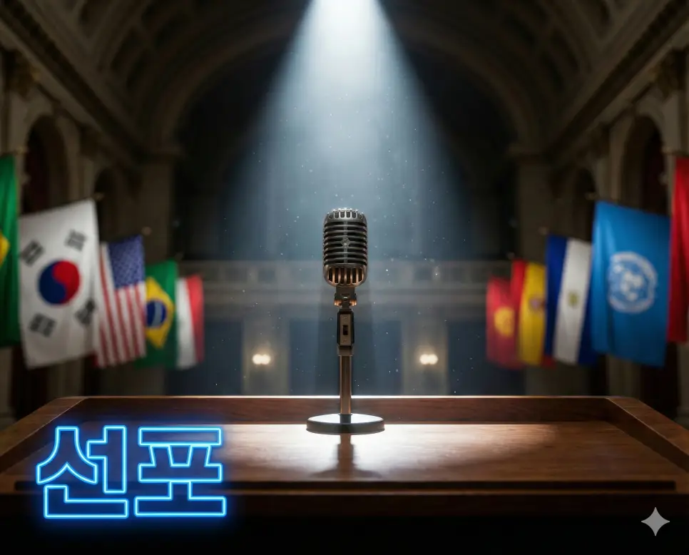 선포 뜻인 국가의 중대한 사항을 공식적으로 세상에 널리 알리는 행위를 상징적으로 표현한 이미지