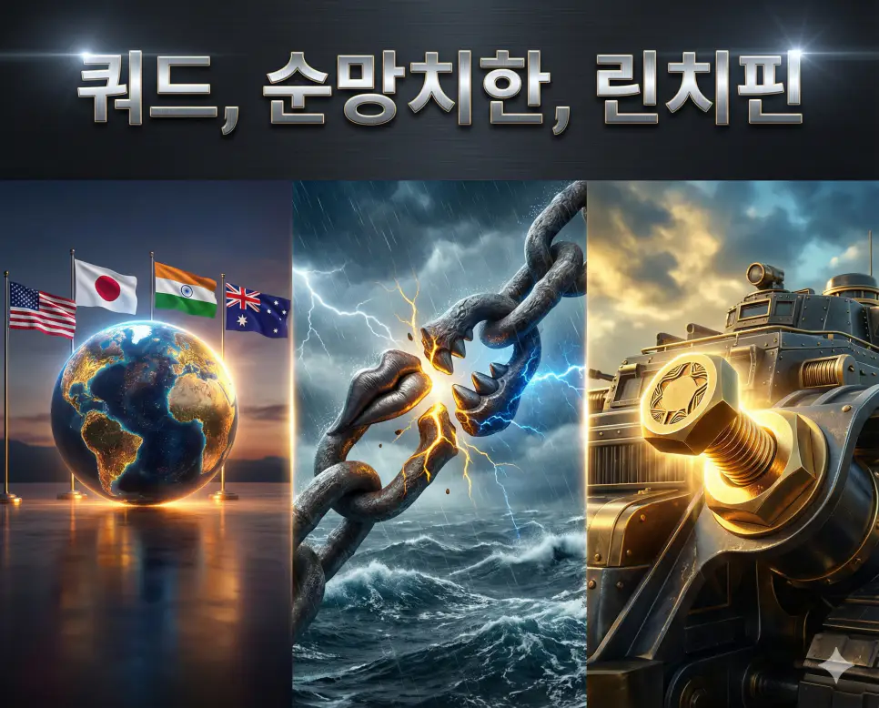 쿼드, 순망치한, 린치핀의 개념과 국제 관계의 긴밀한 상호작용을 세련된 구도로 통합한 종합 가이드 이미지