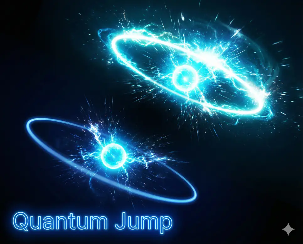 퀀텀 점프 뜻인 에너지가 불연속적으로 도약하거나 급격한 발전을 이루는 현상을 상징적으로 표현한 이미지