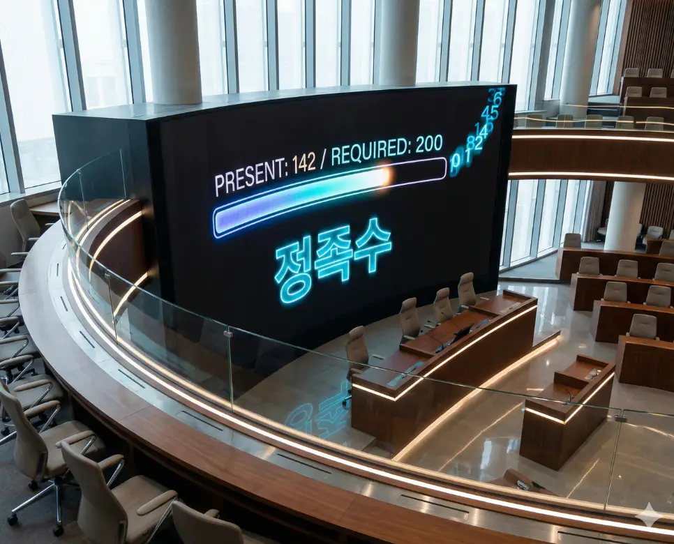 정족수 뜻이 담긴 의결에 필요한 최소 인원수가 채워지는 긴박한 회의장의 모습