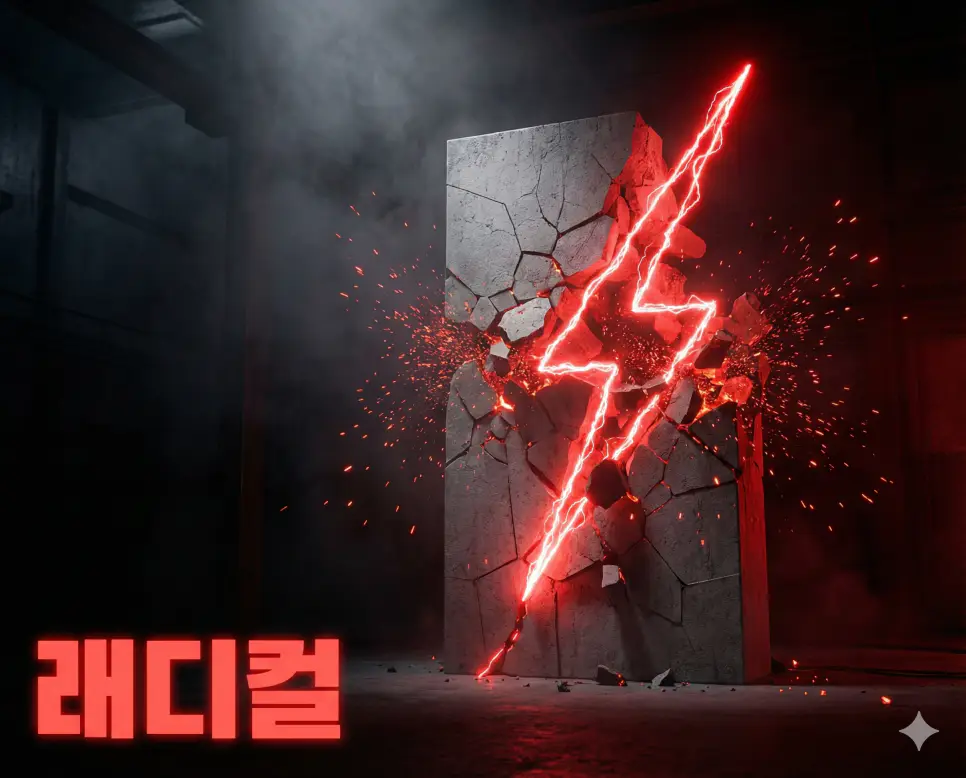 래디컬 뜻인 근본적이고 급진적인 변화를 형상화한 강렬하고 파격적인 레드 톤 추상 이미지