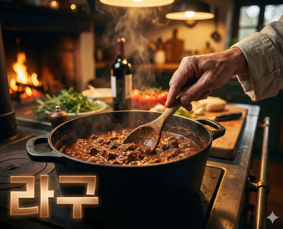 라구 뜻을 상징하는 오랜 시간 정성을 들여 깊은 감칠맛을 우려내는 이탈리아 정통 소스의 조리 장면