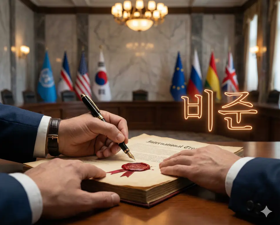 비준 뜻인 국가 간의 조약에 대하여 헌법상의 조약 체결권자가 최종적으로 확인하고 승인하는 행위를 시각화한 실사 이미지