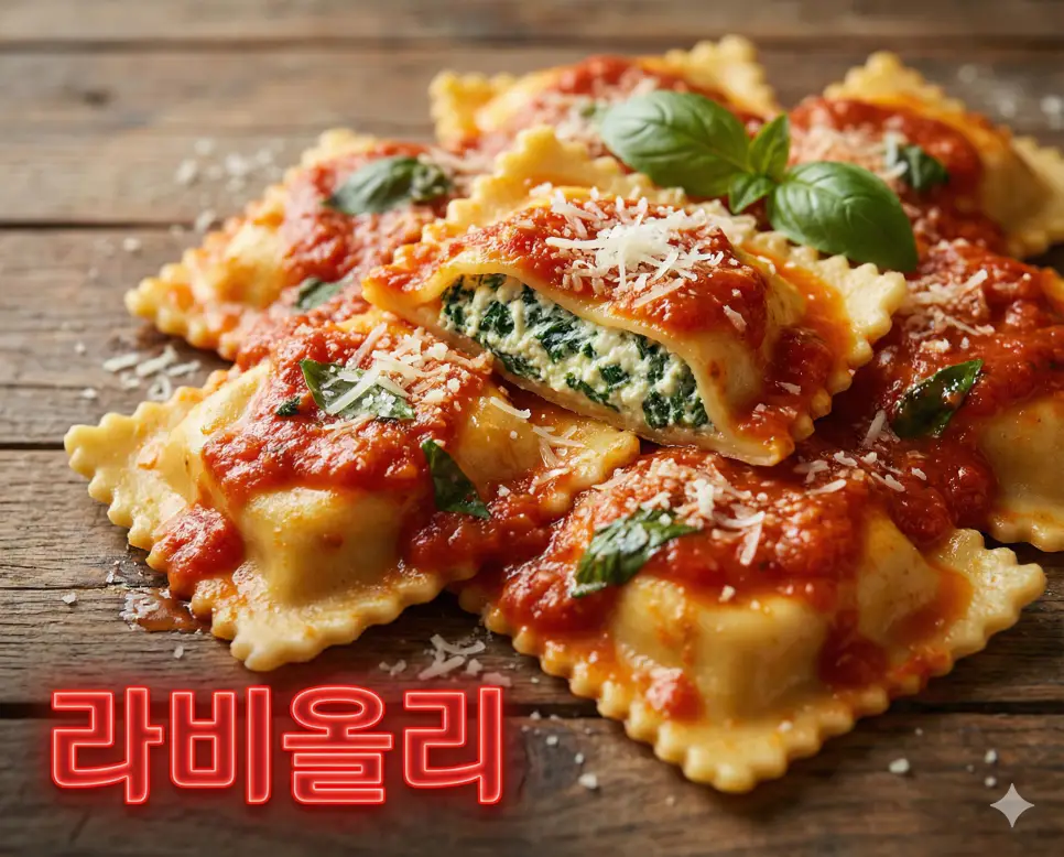 라비올리 뜻이 담긴 속 재료가 가득 찬 토마토 소스 베이스의 이탈리아식 만두 파스타 사진